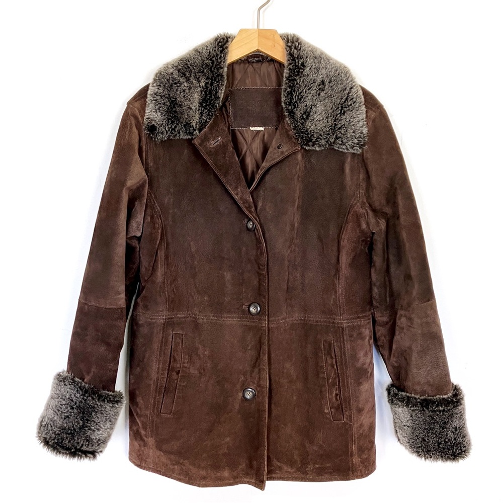 Vintage y2k brown suede jacket faux fur trim Sherpa chocolate grey 2000s midi